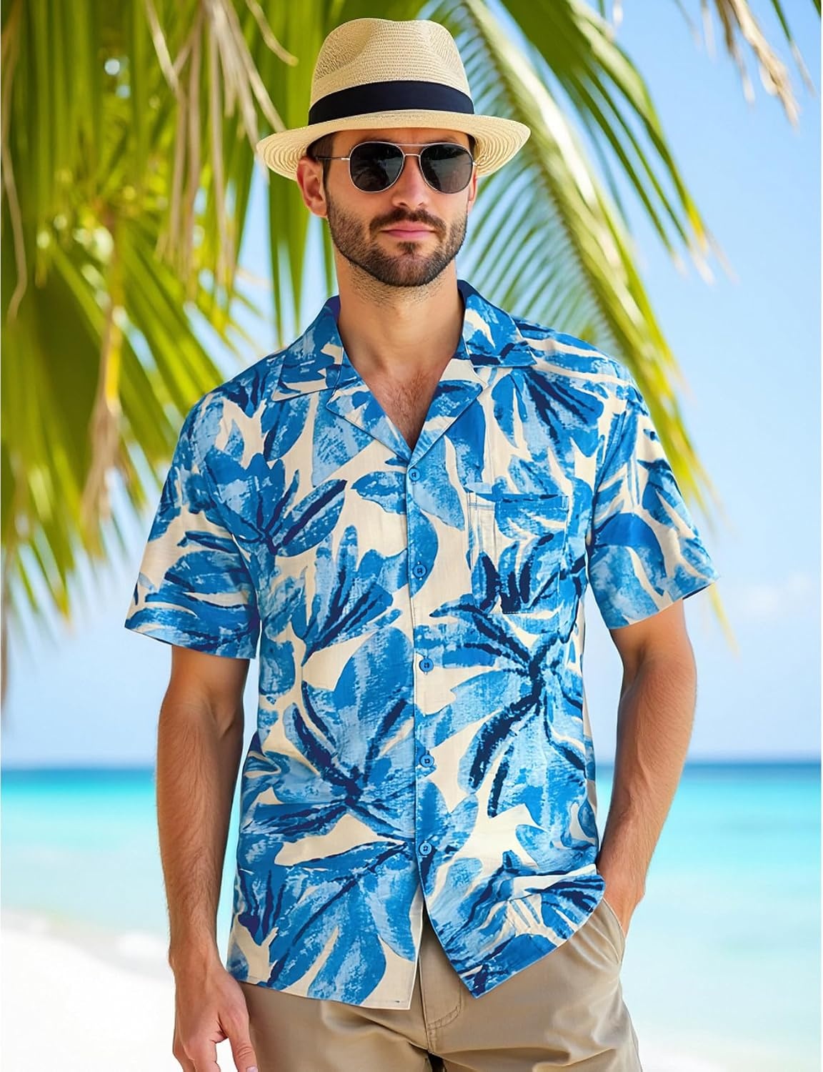 image:imageJEMITOP Mens Casual Cuban Collar Hawaiian ShirtsLight Blue