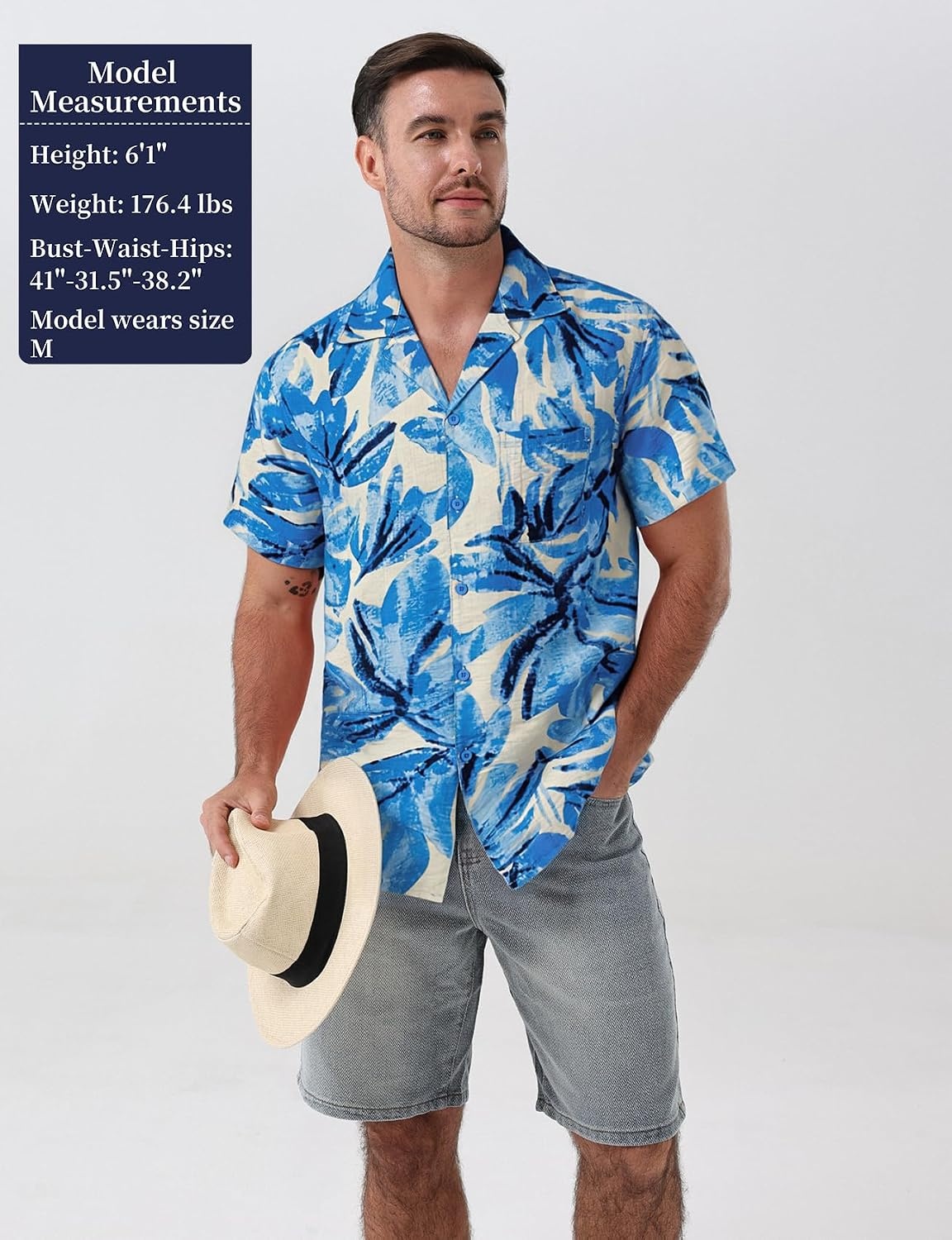 image:imageJEMITOP Mens Casual Cuban Collar Hawaiian ShirtsLight Blue