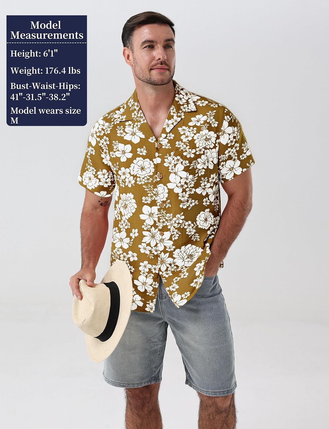 image:imageJEMITOP Mens Casual Cuban Collar Hawaiian ShirtsMustard Yellow