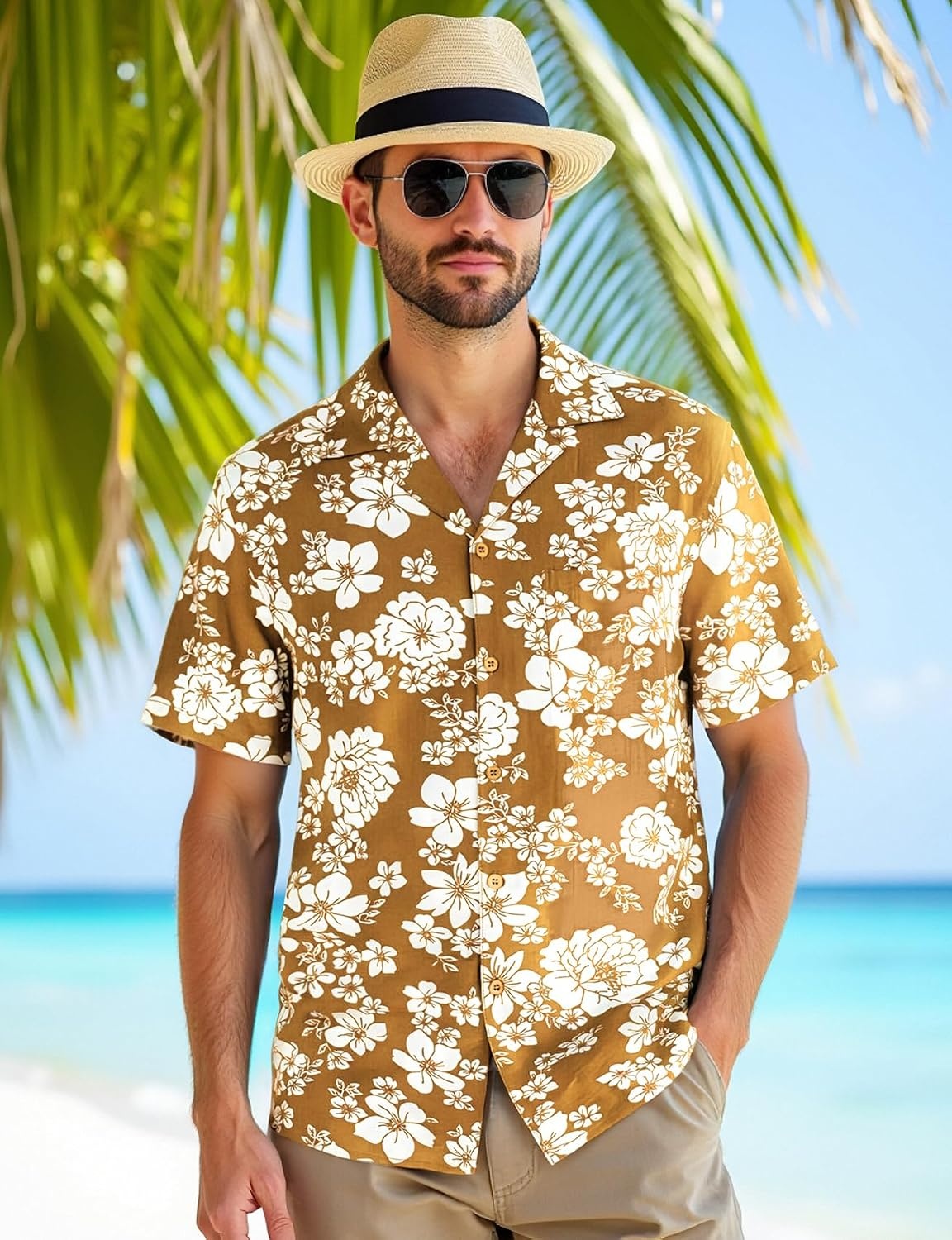 image:imageJEMITOP Mens Casual Cuban Collar Hawaiian ShirtsMustard Yellow