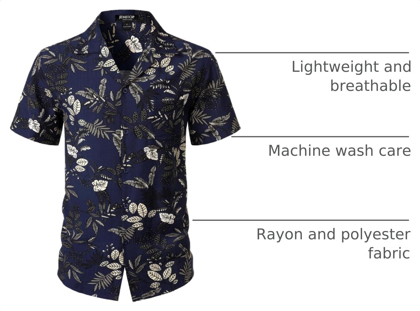 image:imageJEMITOP Mens Casual Cuban Collar Hawaiian ShirtsNavy Blue Leaves