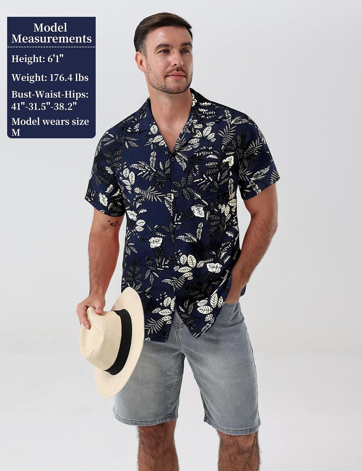 image:imageJEMITOP Mens Casual Cuban Collar Hawaiian ShirtsNavy Blue Leaves