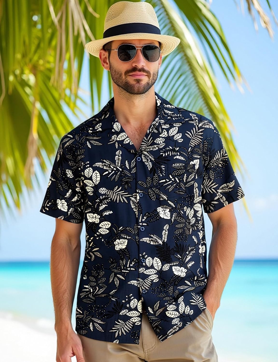 image:imageJEMITOP Mens Casual Cuban Collar Hawaiian ShirtsNavy Blue Leaves