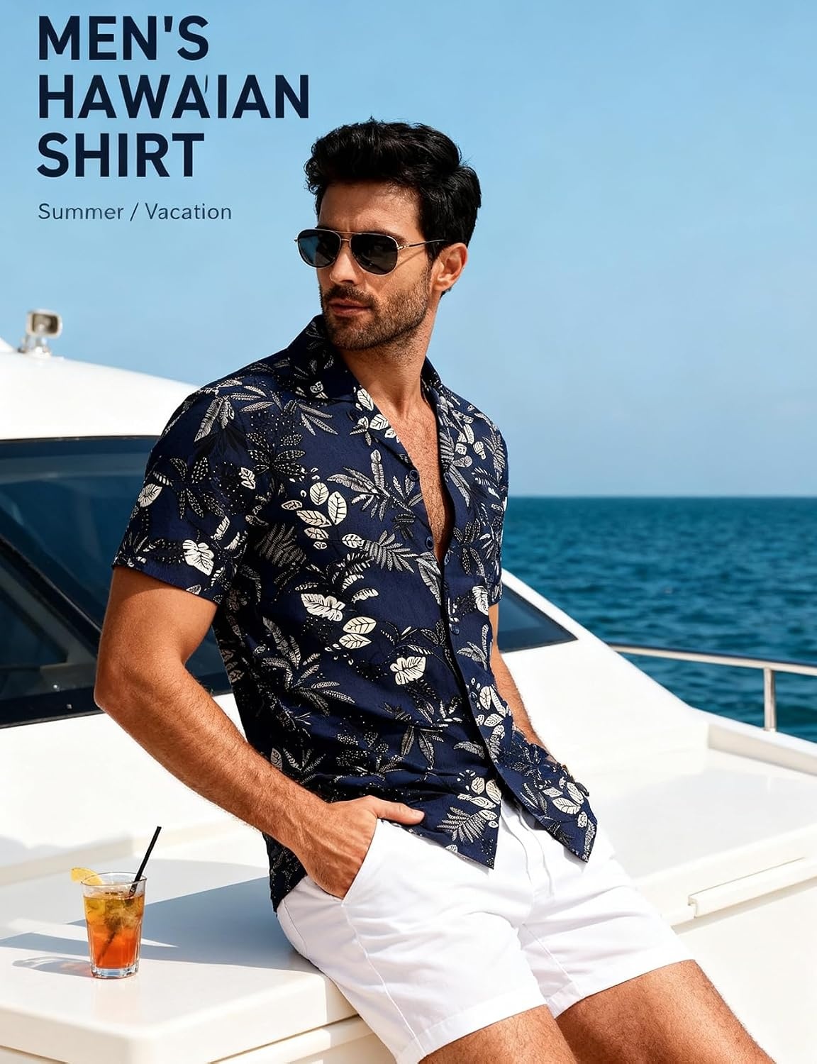 image:imageJEMITOP Mens Casual Cuban Collar Hawaiian ShirtsNavy Blue Leaves