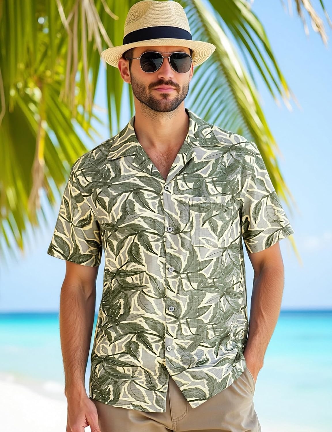image:imageJEMITOP Mens Casual Cuban Collar Hawaiian ShirtsSage Green