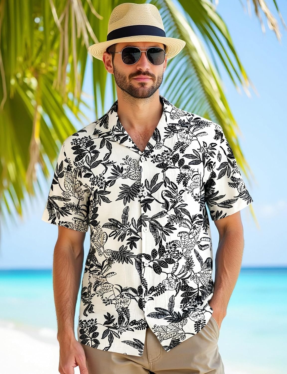 image:imageJEMITOP Mens Casual Cuban Collar Hawaiian ShirtsWhite Leaves