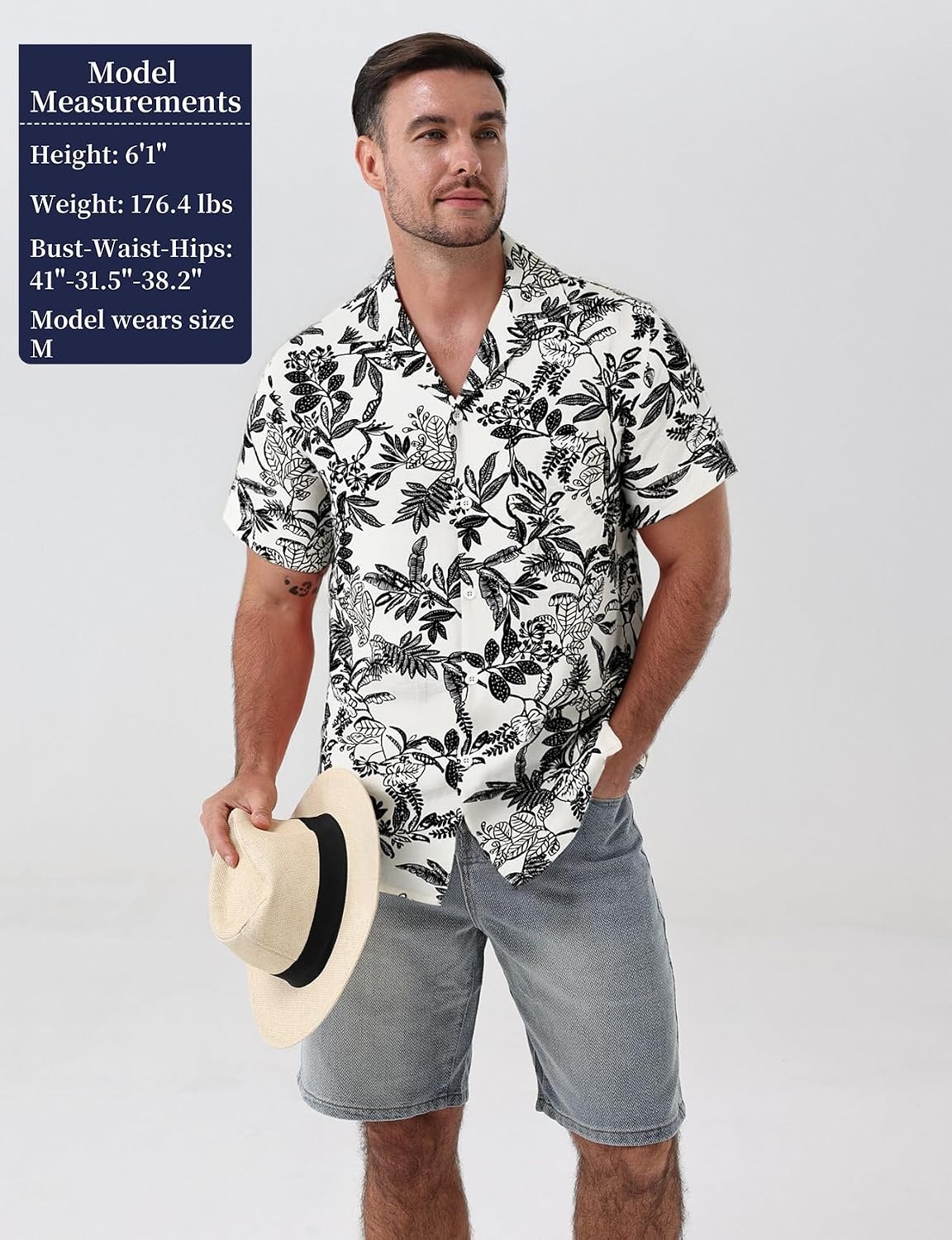 image:imageJEMITOP Mens Casual Cuban Collar Hawaiian ShirtsWhite Leaves