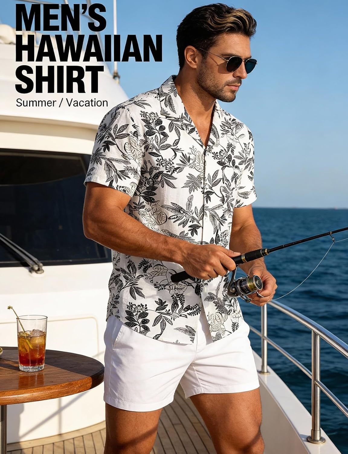 image:imageJEMITOP Mens Casual Cuban Collar Hawaiian ShirtsWhite Leaves