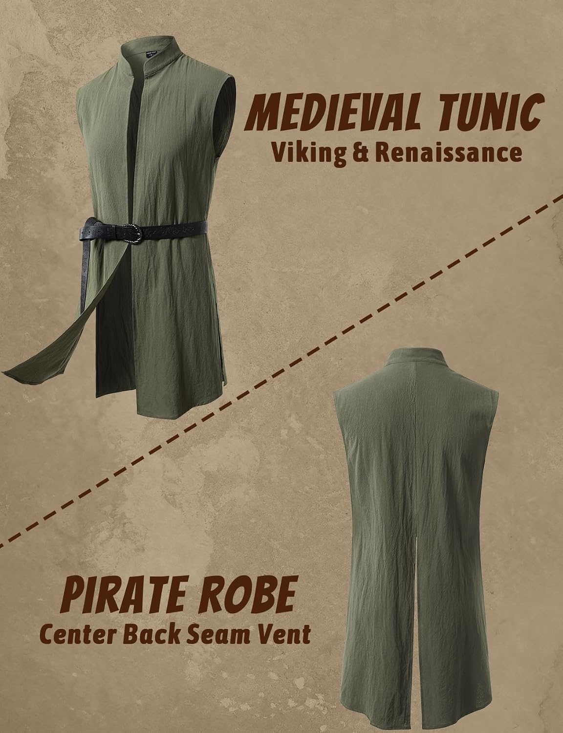 image:imageJEMITOP Mens Renaissance Viking Knight Costume Robe Without BeltArmy Green