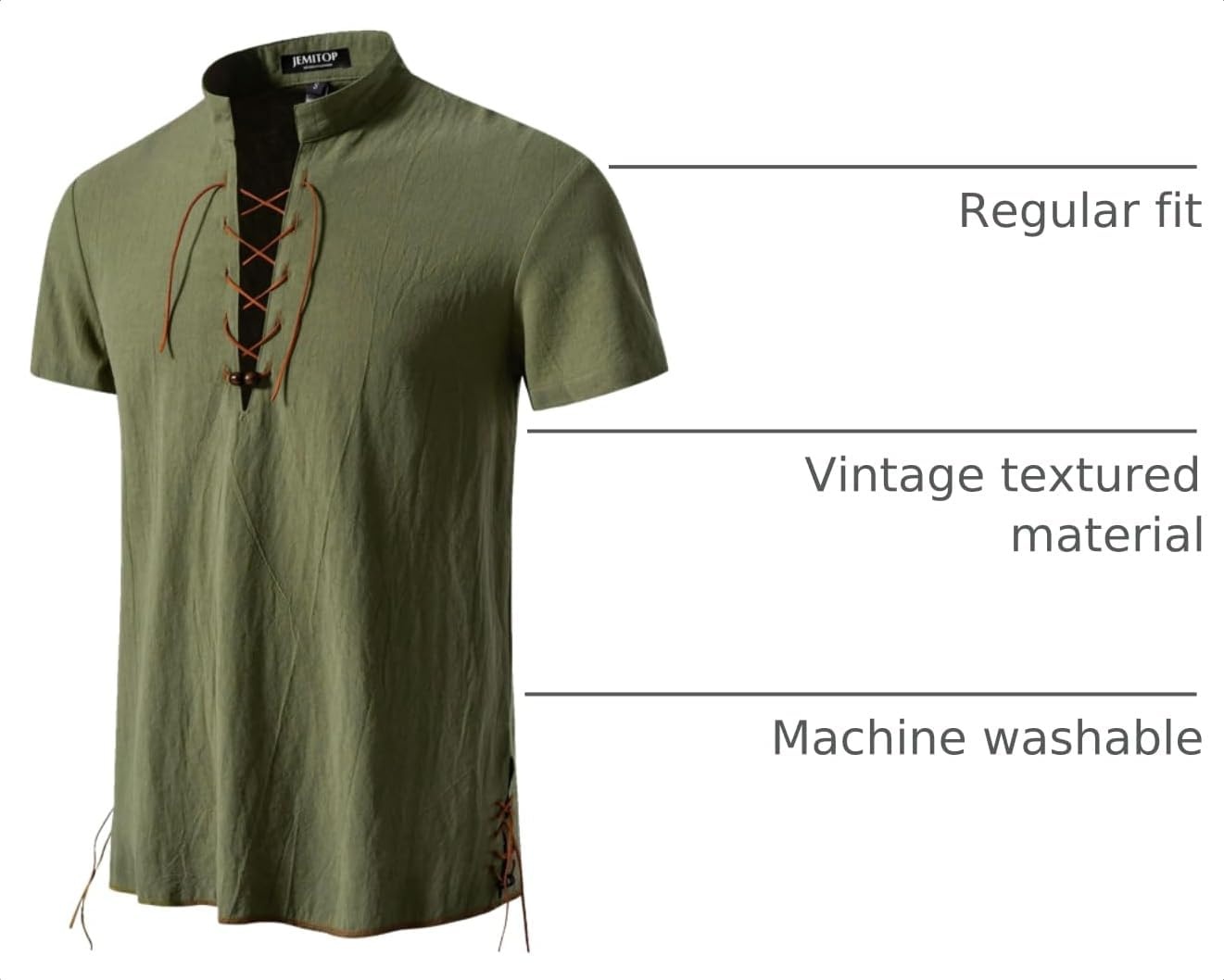 image:imageJEMITOP Mens Vintage Short Sleeve Renaissance ShirtArmy Green