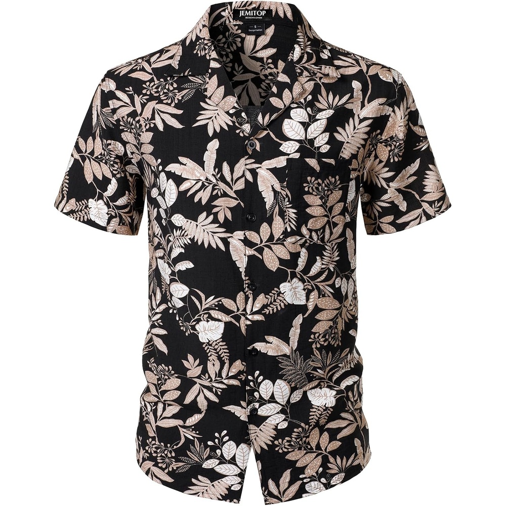 image:imageJEMITOP Mens Casual Cuban Collar Hawaiian ShirtsBlack Leaves