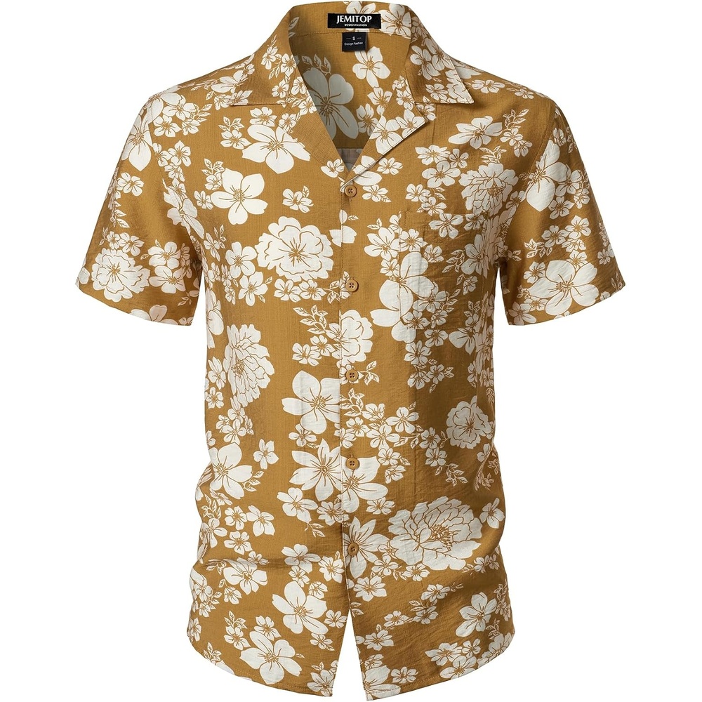 image:imageJEMITOP Mens Casual Cuban Collar Hawaiian ShirtsMustard Yellow