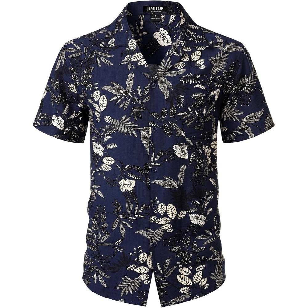 image:imageJEMITOP Mens Casual Cuban Collar Hawaiian ShirtsNavy Blue Leaves