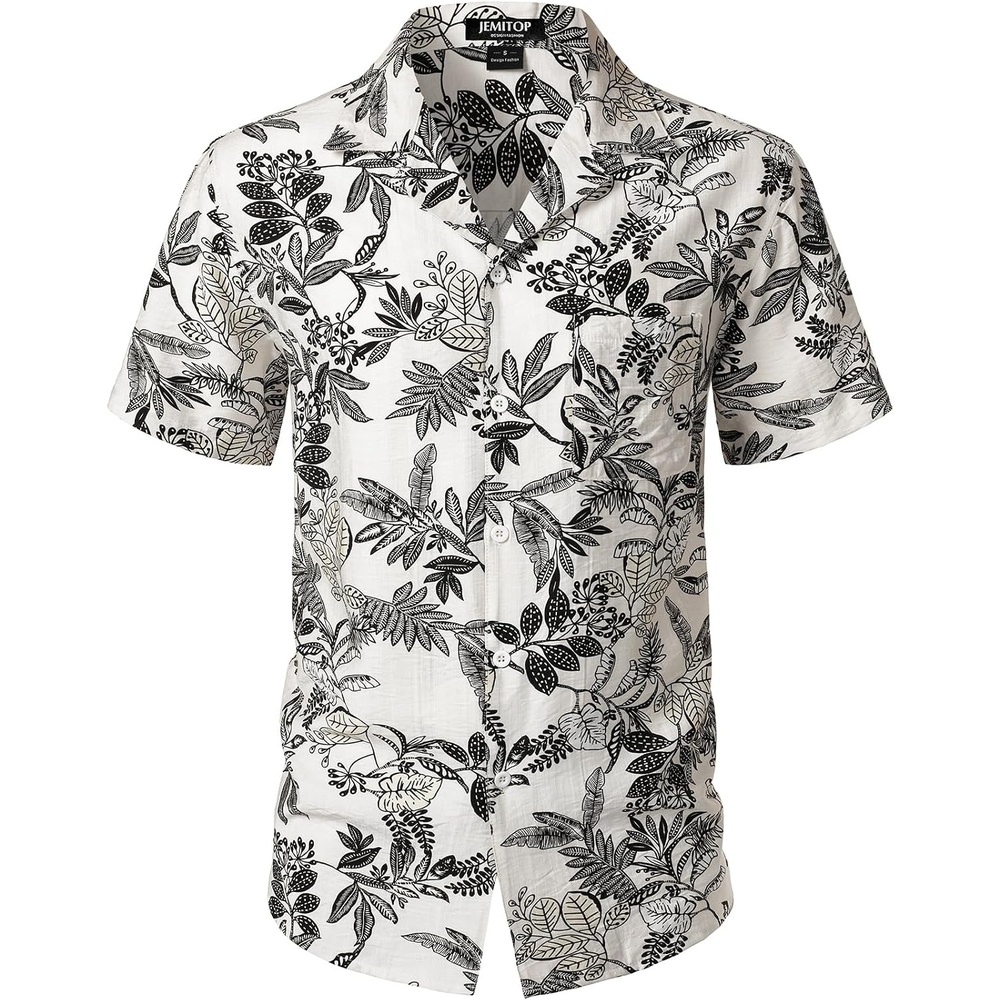 image:imageJEMITOP Mens Casual Cuban Collar Hawaiian ShirtsWhite Leaves