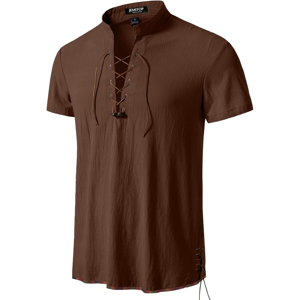 image:imageJEMITOP Mens Vintage Short Sleeve Renaissance ShirtDark Brown