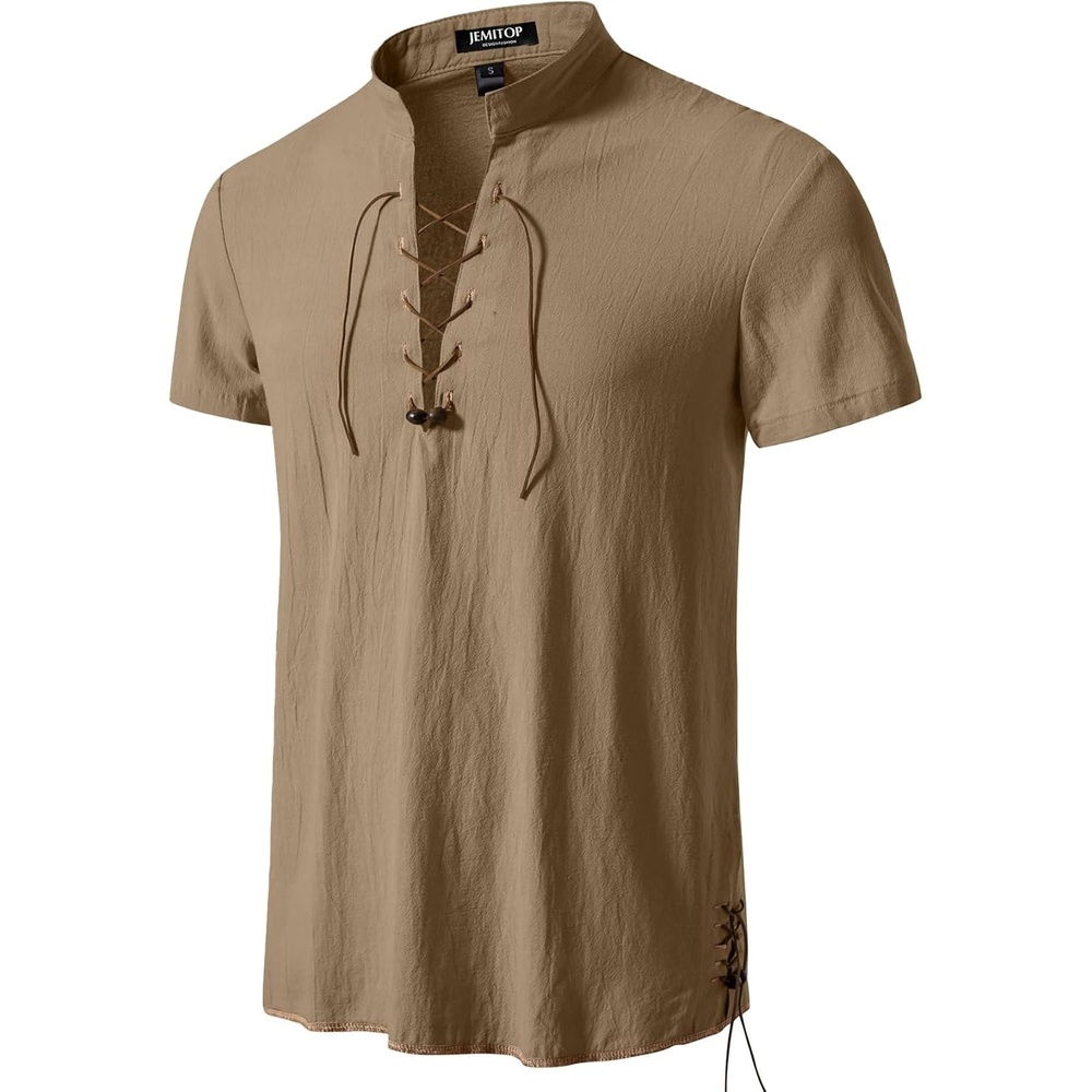 image:imageJEMITOP Mens Vintage Short Sleeve Renaissance ShirtDark Khaki