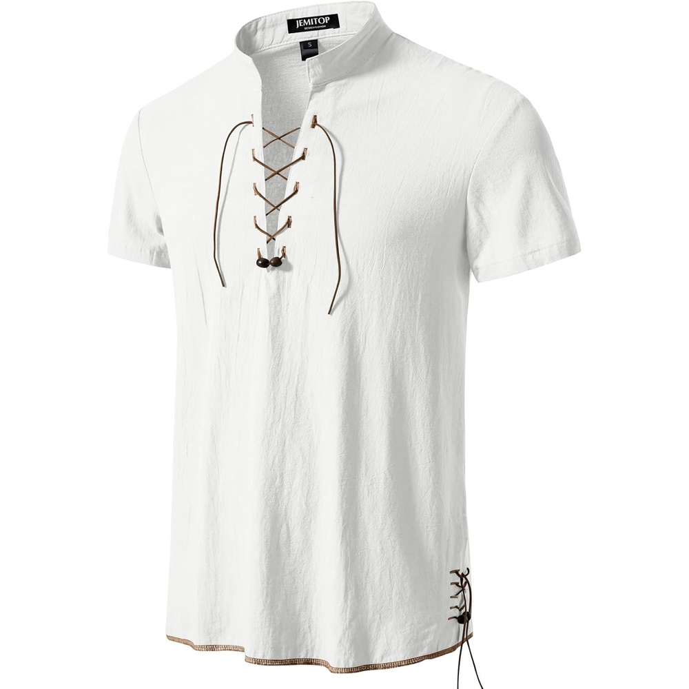 image:imageJEMITOP Mens Vintage Short Sleeve Renaissance ShirtIvory White