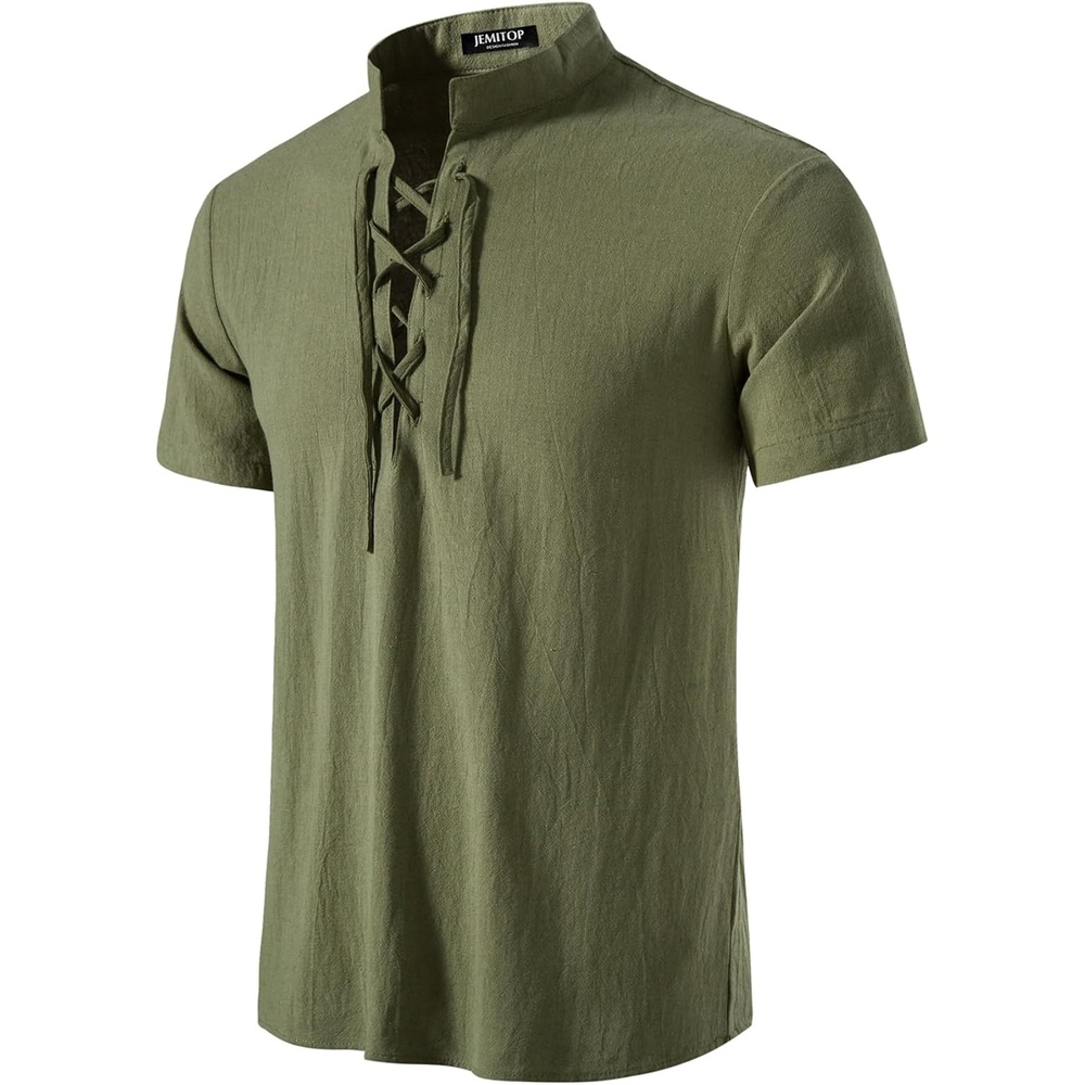 image:imageJEMITOP Mens Vintage Short Sleeve Renaissance ShirtSolid Army Green