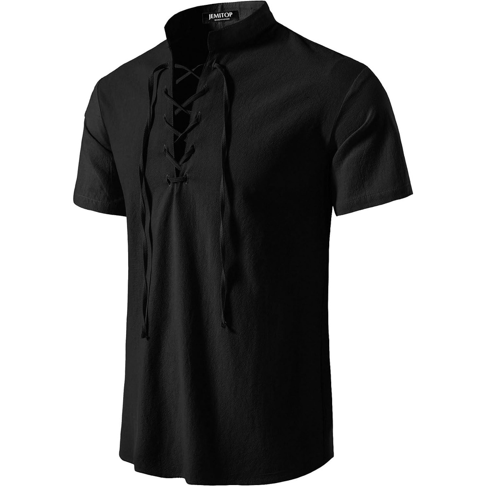 image:imageJEMITOP Mens Vintage Short Sleeve Renaissance ShirtSolid Black