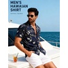 JEMITOP Mens Casual Cuban Collar Hawaiian Shirts(Navy Blue Leaves)