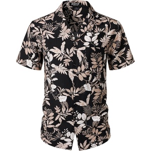 JEMITOP Mens Casual Cuban Collar Hawaiian Shirts(Black Leaves)
