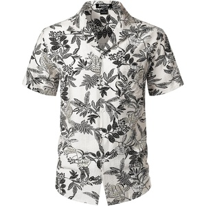 JEMITOP Mens Casual Cuban Collar Hawaiian Shirts(White Leaves)