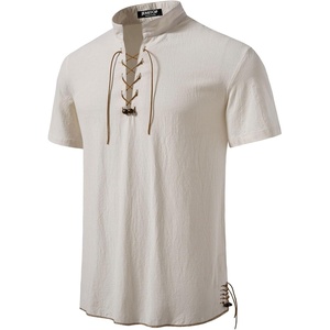 JEMITOP Mens Vintage Short Sleeve Renaissance Shirt(Beige)