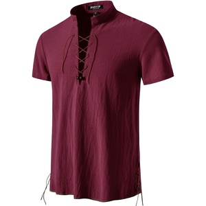 JEMITOP Mens Vintage Short Sleeve Renaissance Shirt(Burgundy)