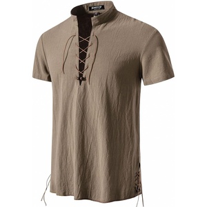 JEMITOP Mens Vintage Short Sleeve Renaissance Shirt(Coffee)