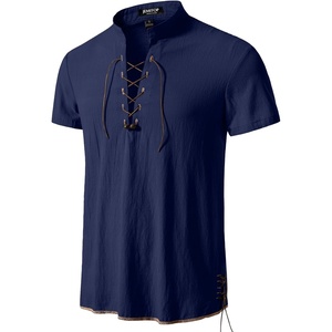 JEMITOP Mens Vintage Short Sleeve Renaissance Shirt(Dark Blue)
