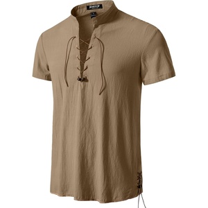 JEMITOP Mens Vintage Short Sleeve Renaissance Shirt(Dark Khaki)