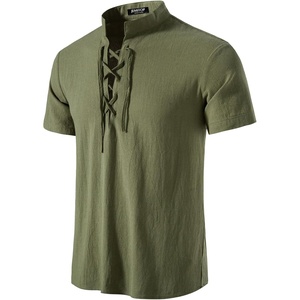JEMITOP Mens Vintage Short Sleeve Renaissance Shirt(Solid Army Green)