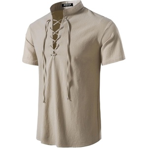 JEMITOP Mens Vintage Short Sleeve Renaissance Shirt(Solid Khaki)