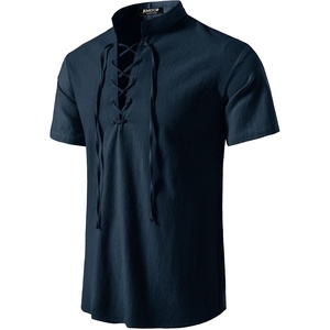 JEMITOP Mens Vintage Short Sleeve Renaissance Shirt(Solid Navy Blue)