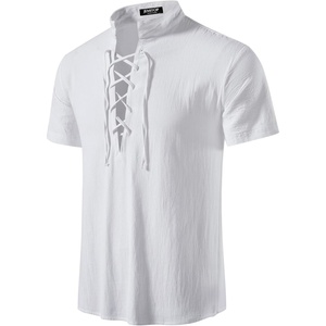 JEMITOP Mens Vintage Short Sleeve Renaissance Shirt(Solid White)