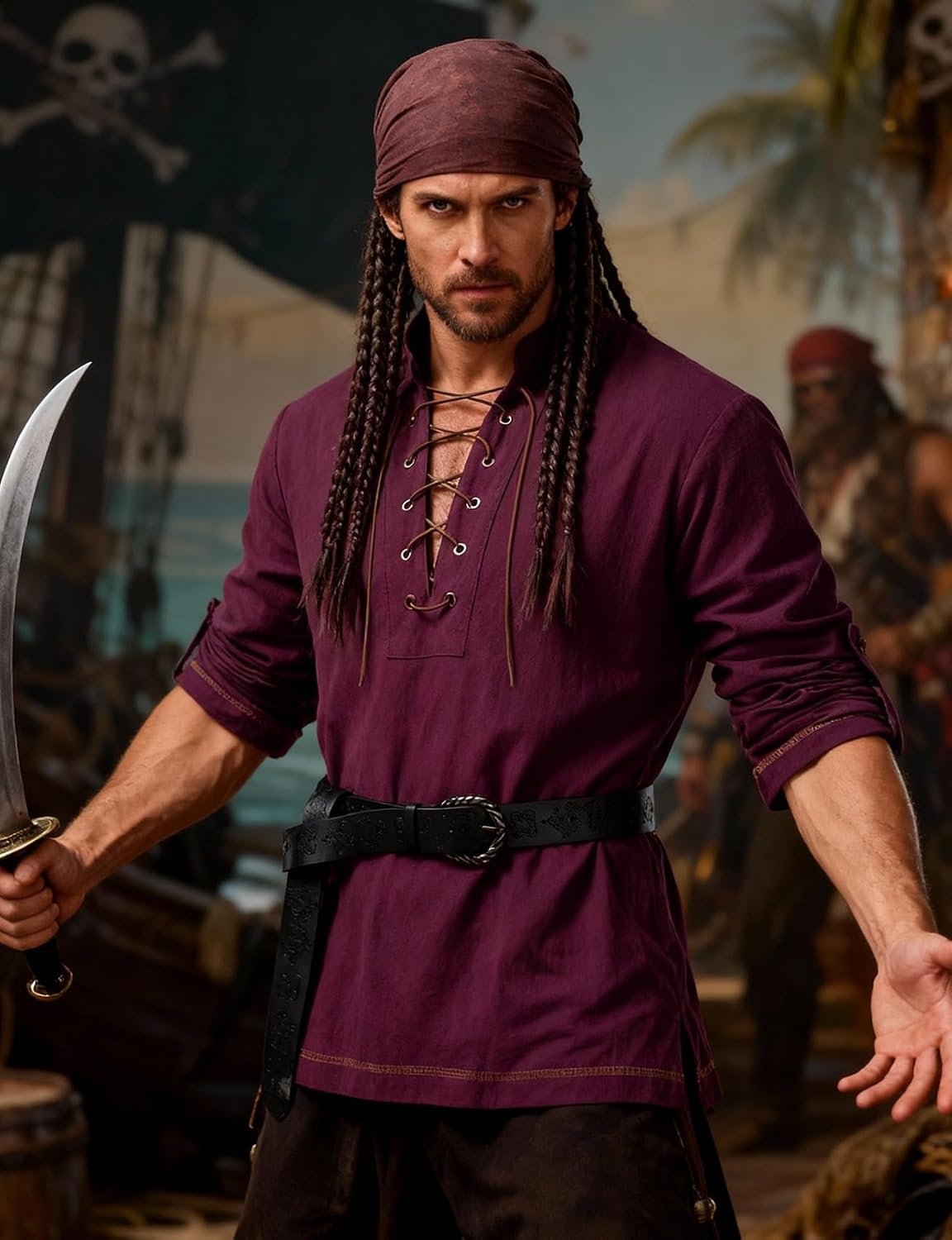 image:imageJEMITOP Mens Renaissance Knight Cotton Lace Up Shirt Without BeltBurgundy