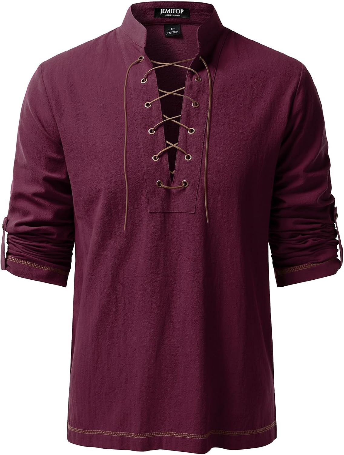 image:imageJEMITOP Mens Renaissance Knight Cotton Lace Up Shirt Without BeltBurgundy