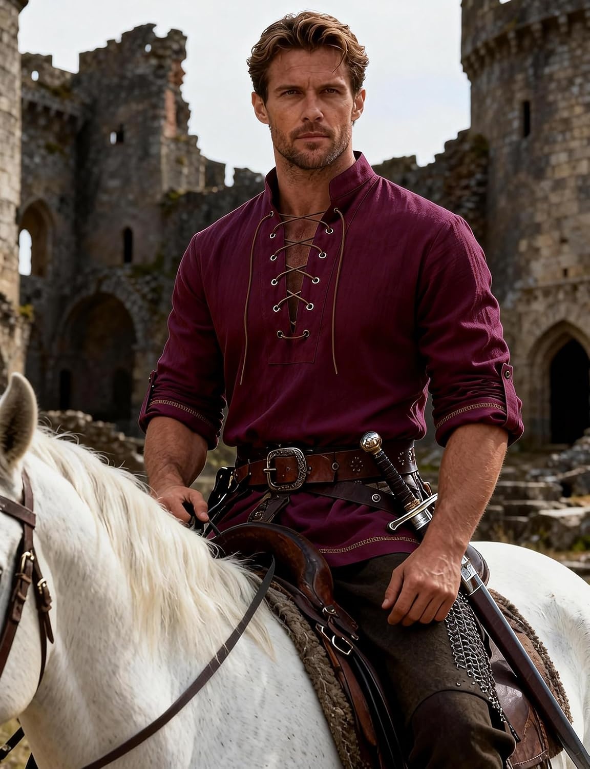 image:imageJEMITOP Mens Renaissance Knight Cotton Lace Up Shirt Without BeltBurgundy