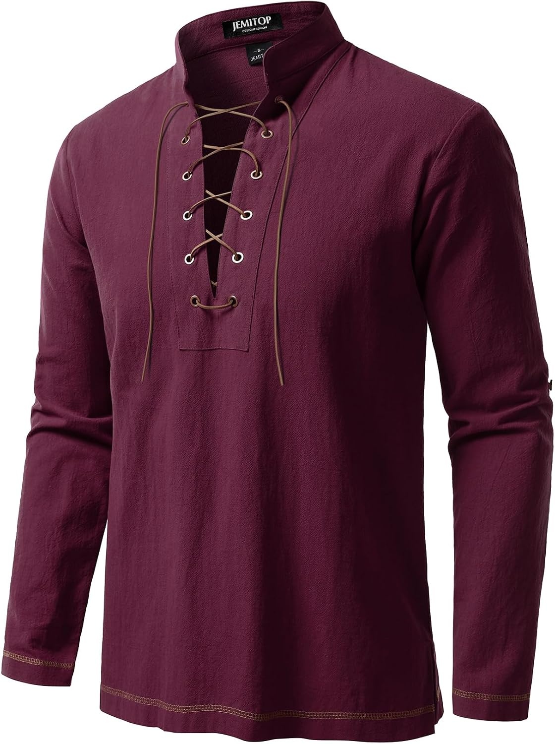 image:imageJEMITOP Mens Renaissance Knight Cotton Lace Up Shirt Without BeltBurgundy