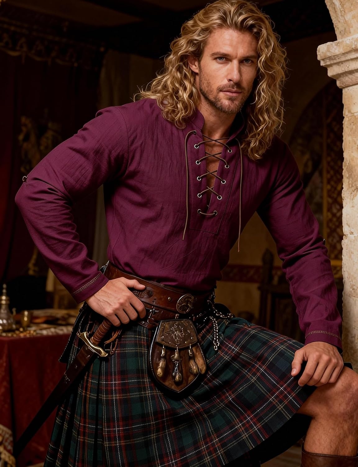 image:imageJEMITOP Mens Renaissance Knight Cotton Lace Up Shirt Without BeltBurgundy