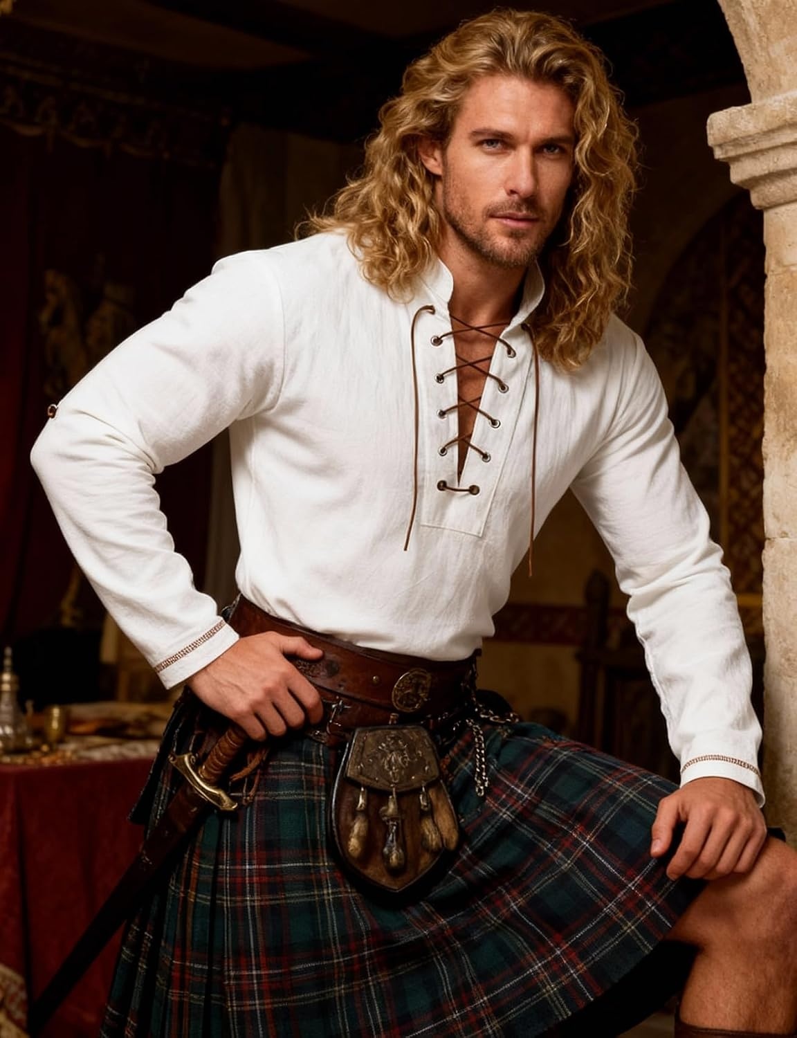 image:imageJEMITOP Mens Renaissance Knight Cotton Lace Up Shirt Without BeltIvory White