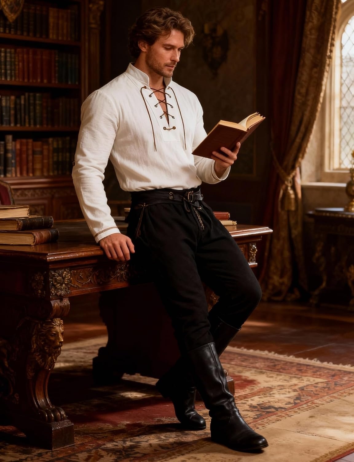 image:imageJEMITOP Mens Renaissance Knight Cotton Lace Up Shirt Without BeltIvory White