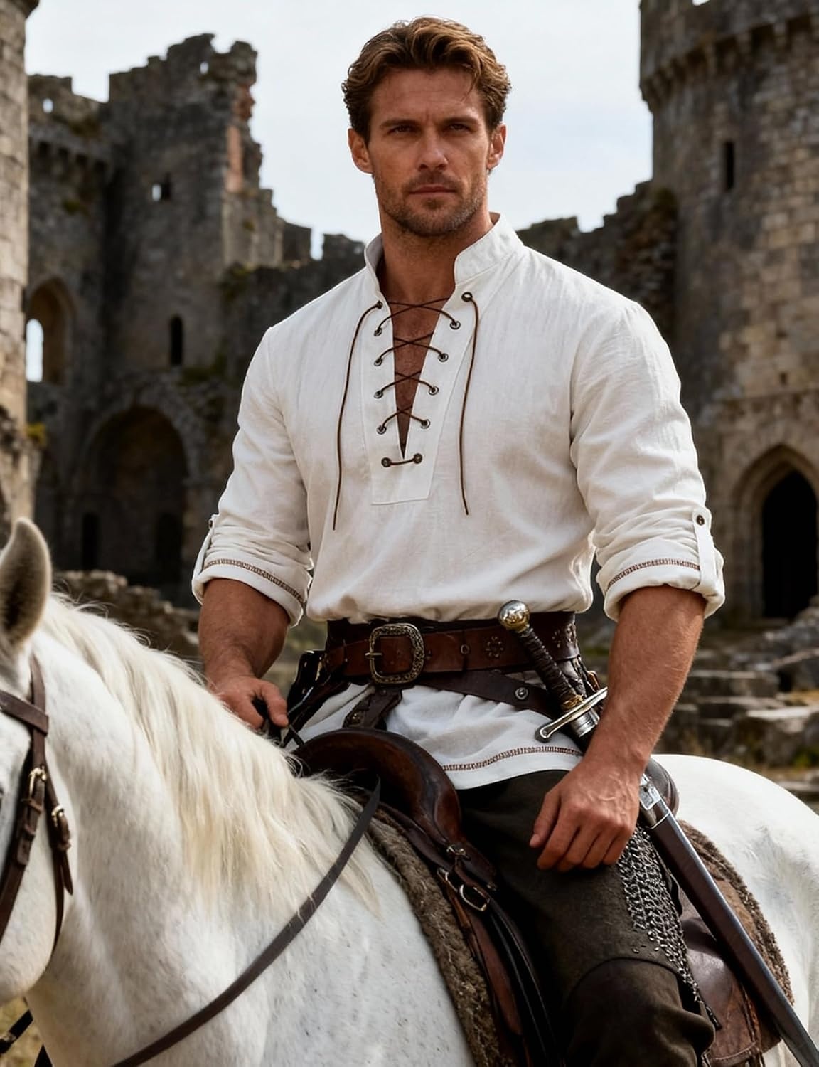 image:imageJEMITOP Mens Renaissance Knight Cotton Lace Up Shirt Without BeltIvory White
