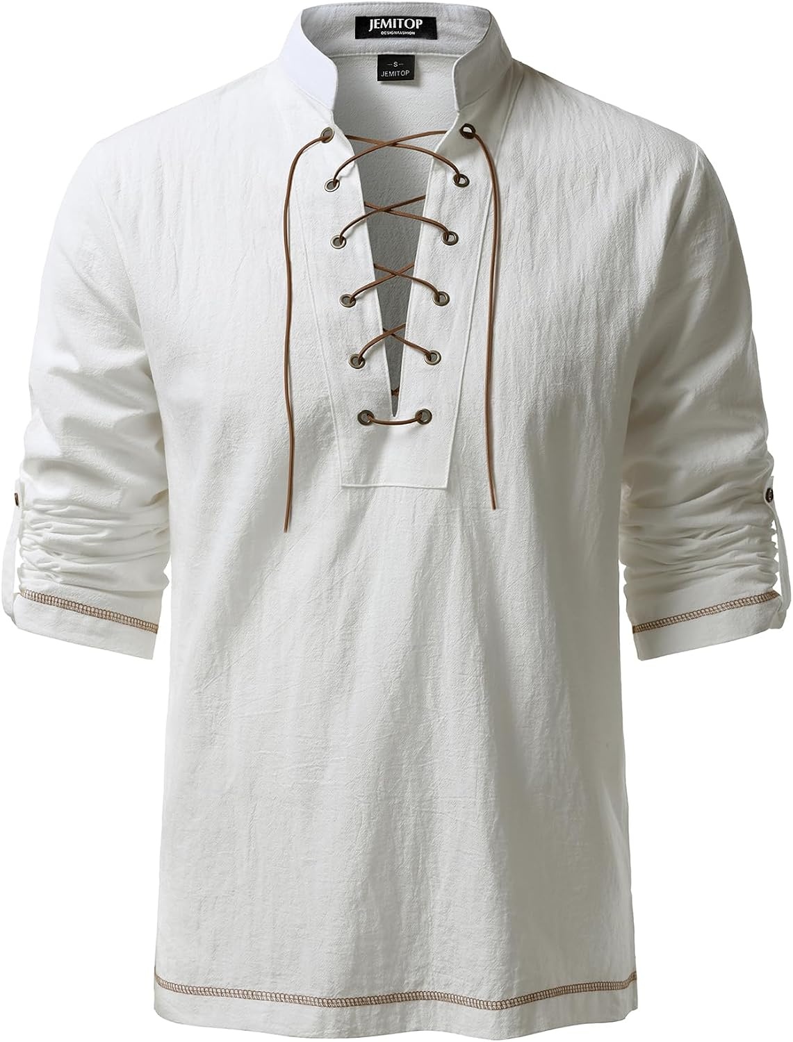 image:imageJEMITOP Mens Renaissance Knight Cotton Lace Up Shirt Without BeltIvory White