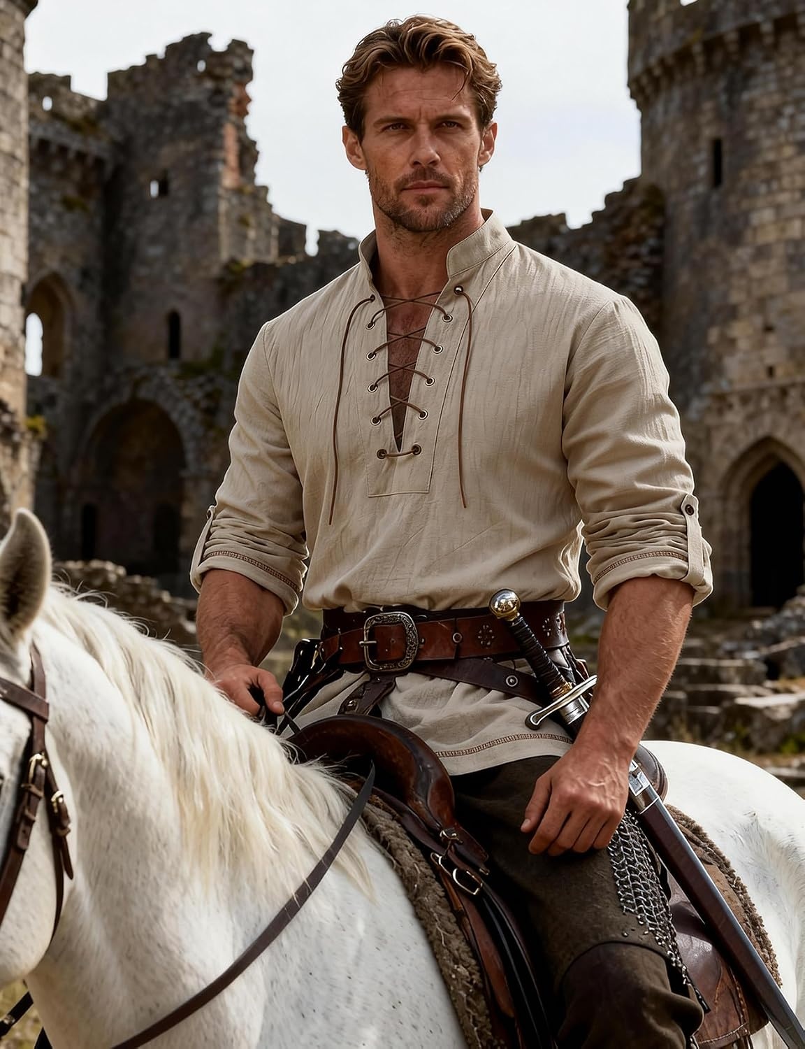image:imageJEMITOP Mens Renaissance Knight Cotton Lace Up Shirt Without BeltKhaki
