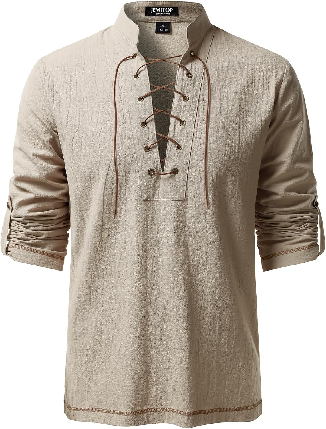 image:imageJEMITOP Mens Renaissance Knight Cotton Lace Up Shirt Without BeltKhaki