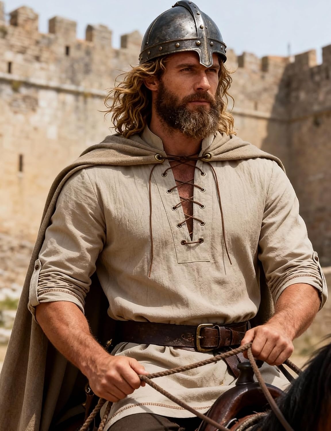 image:imageJEMITOP Mens Renaissance Knight Cotton Lace Up Shirt Without BeltKhaki