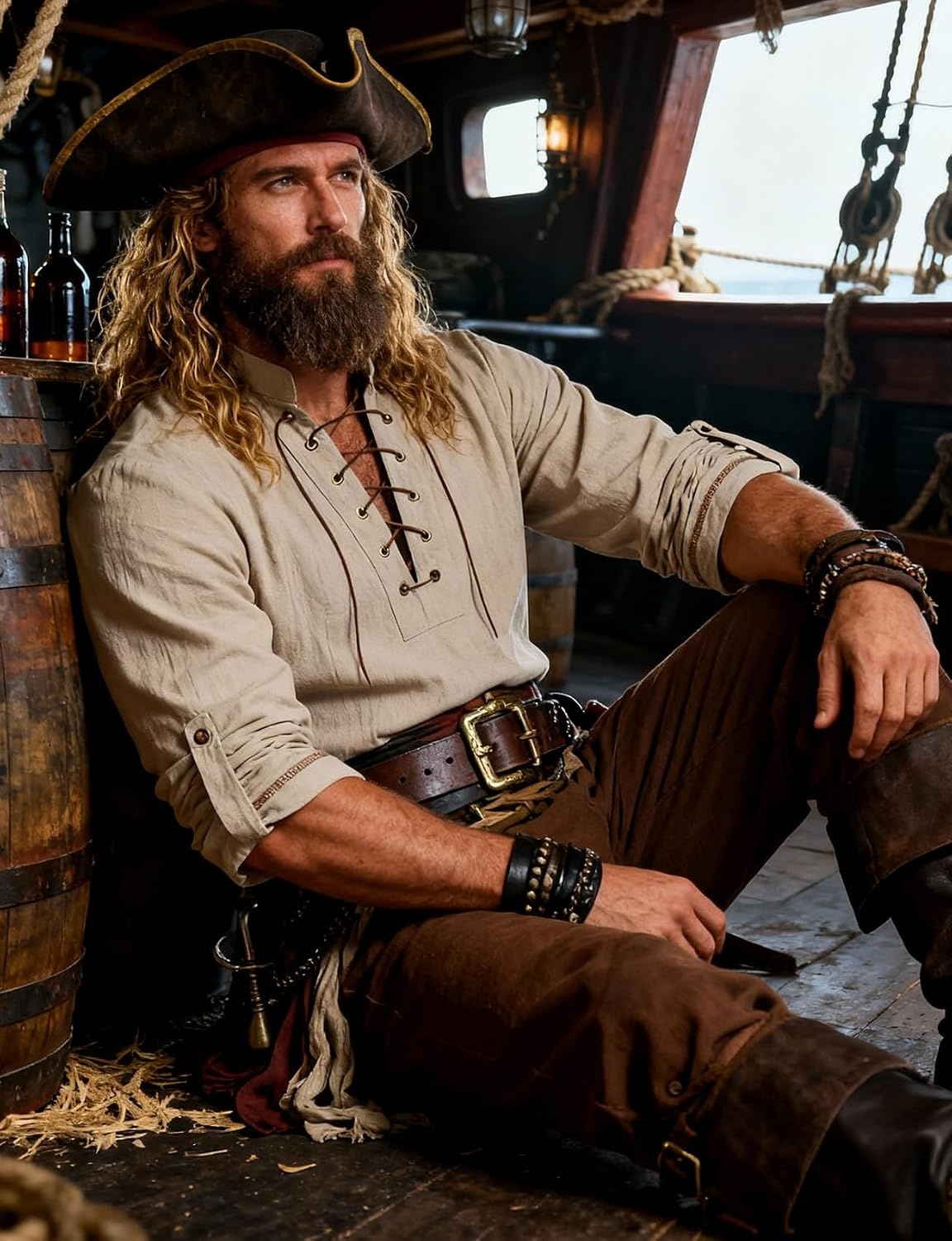 image:imageJEMITOP Mens Renaissance Knight Cotton Lace Up Shirt Without BeltKhaki