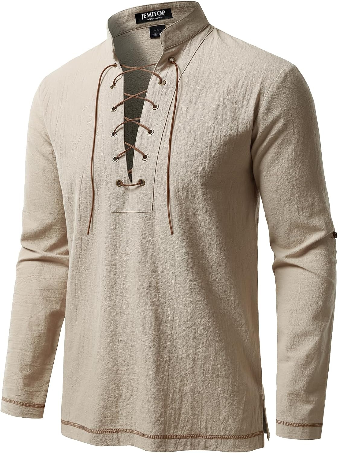 image:imageJEMITOP Mens Renaissance Knight Cotton Lace Up Shirt Without BeltKhaki