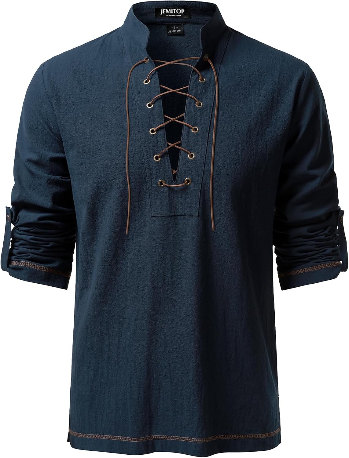 image:imageJEMITOP Mens Renaissance Knight Cotton Lace Up Shirt Without BeltNavy Blue